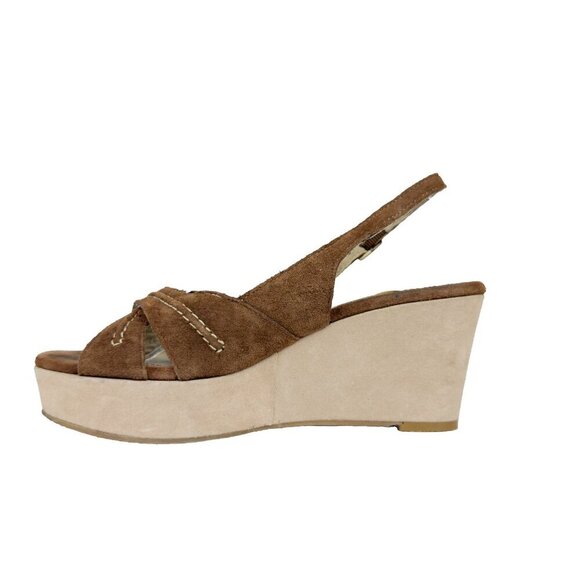 VTG HUSH PUPPIES Sling Back Suede‎ Peep Toes Wedges Platform Brown Sandals 7 M - Picture 6 of 12